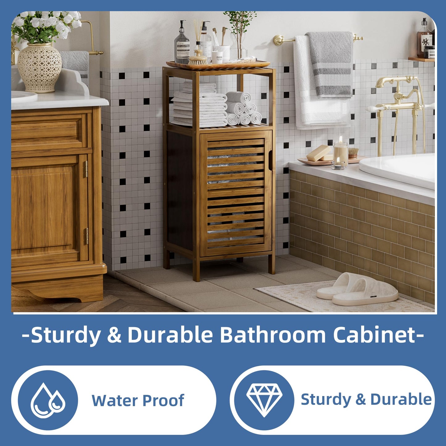 HITNET Bathroom Cabinet, Bamboo Floor Cabinet Free Standing, 4 Tier Sofa Side Storage Cupboard for Living Room Kitchen Bedroom, Walnut