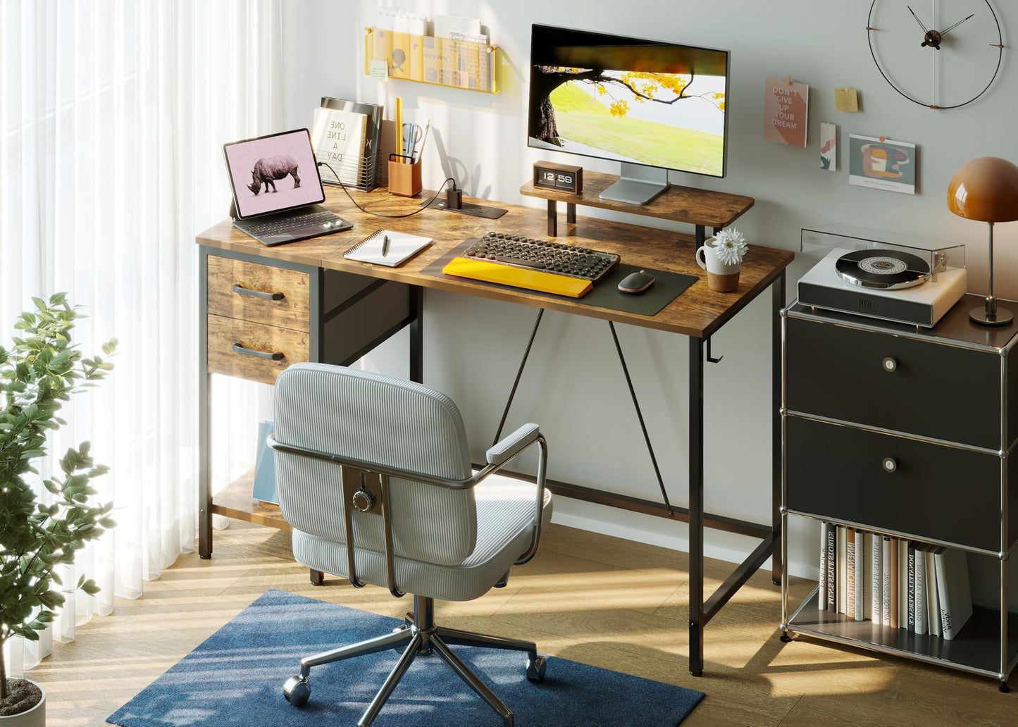 Xyphren 100cm Computer Desk with Drawers & Power Outlets, Office Desk with Storage Monitor Stand, Reversible Small Desks for Home Office Bedroom