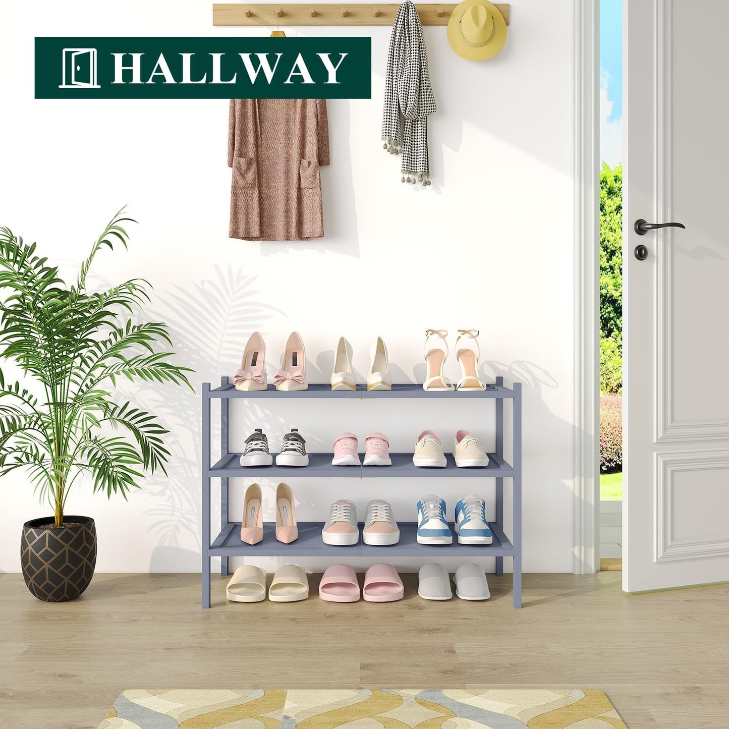 smiry Bamboo Shoe Rack, 3 Tier Shoe Organizer for Entryway & Living Room, Stackable Free Standing Storage Shelf for Shoes, Bags & Plants, Gray