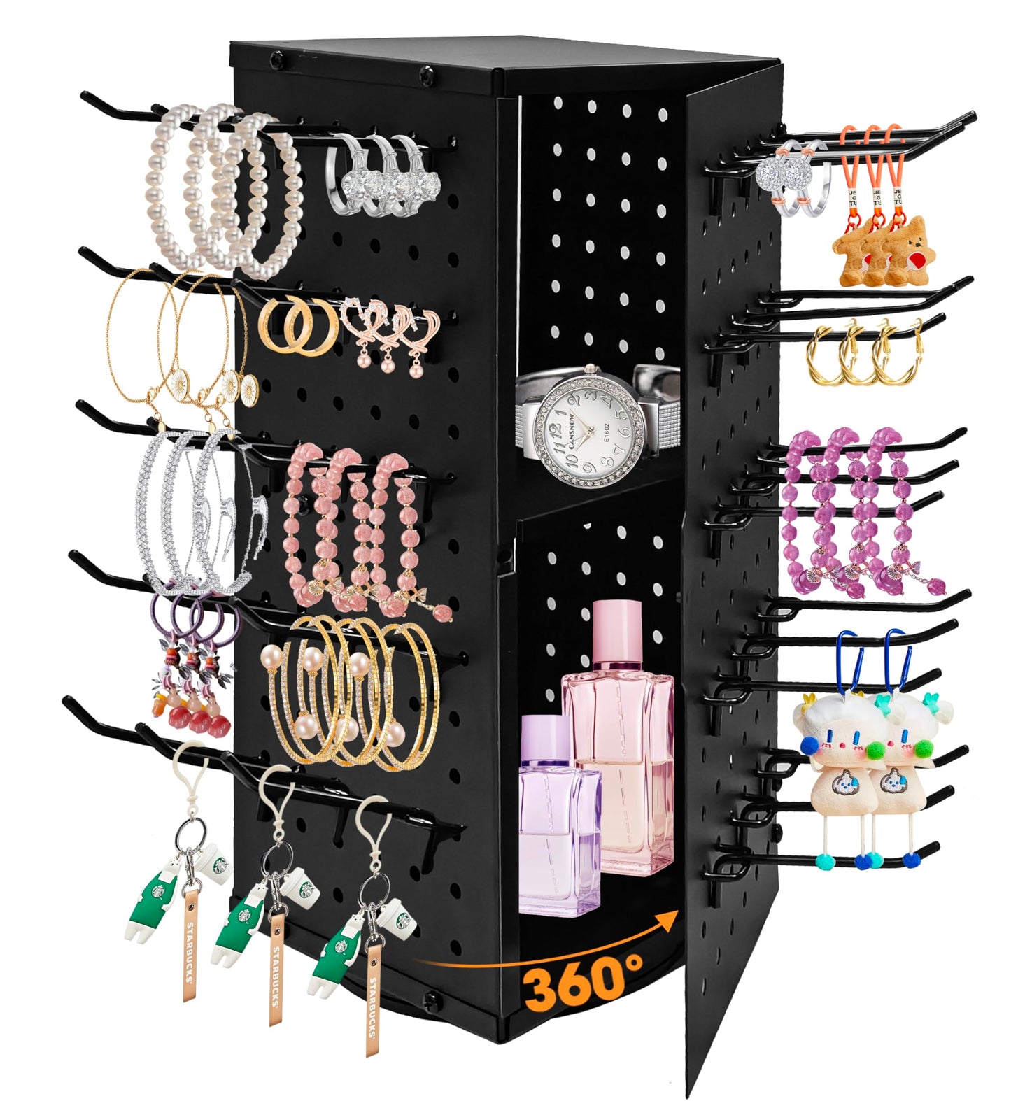 360° Rotating Peg Board Display Stand with 60 Hooks, Jewelry Stand (Black)