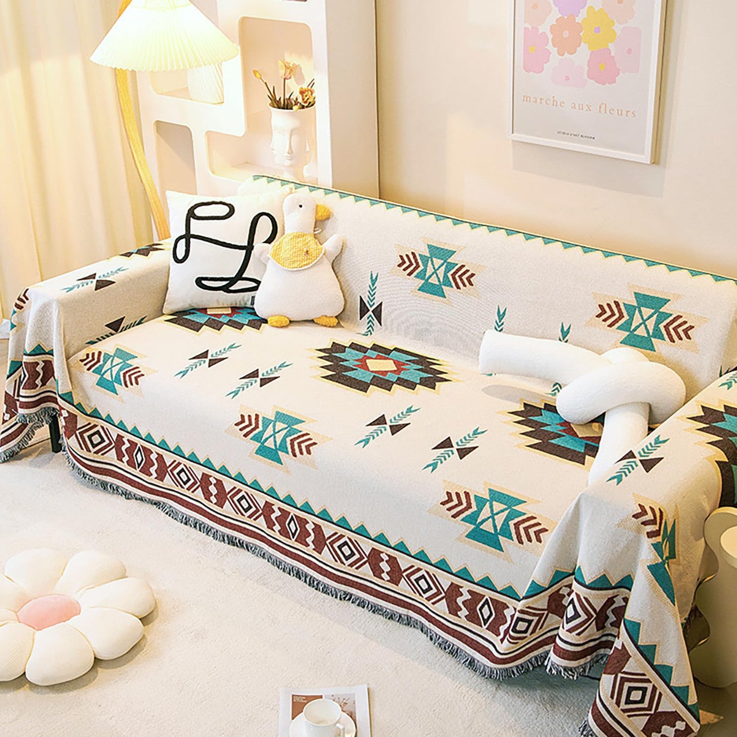 VANJOROY Aztec Navajo Sofa Large Throw Blanket with Tassels,100% Handwoven Cotton Tribal Ethnic Bohemian Throw for Couch,Sofa,Bed,2 3 Seater and