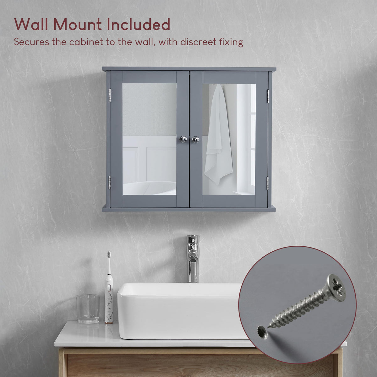 Bath Vida Priano 2 Door Bathroom Wall Cabinet | Grey | Space-Saving Storage | 60H x 60W x 15D cm | Adjustable Shelf | Modern Wooden Cupboard Unit