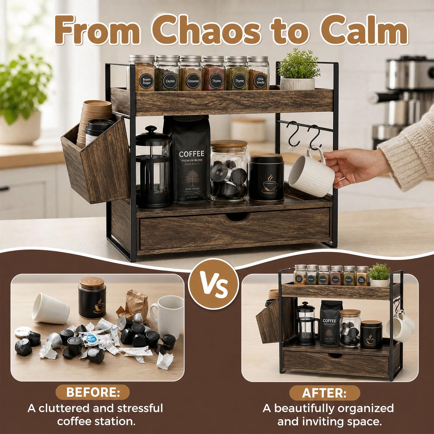 Bathroom Counter Organizer with Drawer and Basket, Wooden Skincare Holder