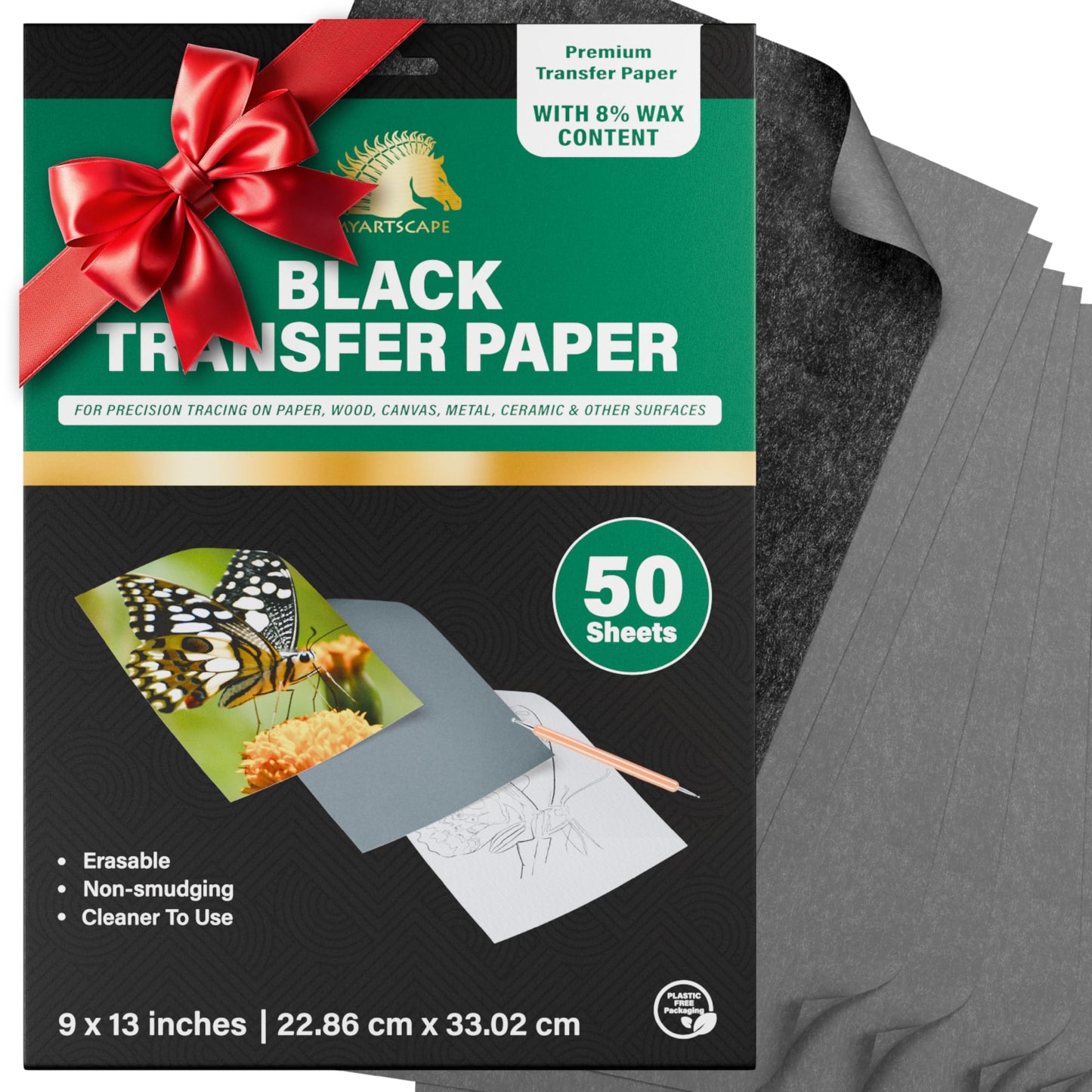 MyArtscape Graphite Transfer Paper - 9" x 13" - 50 Sheets - Waxed Carbon Paper for Tracing (Black)