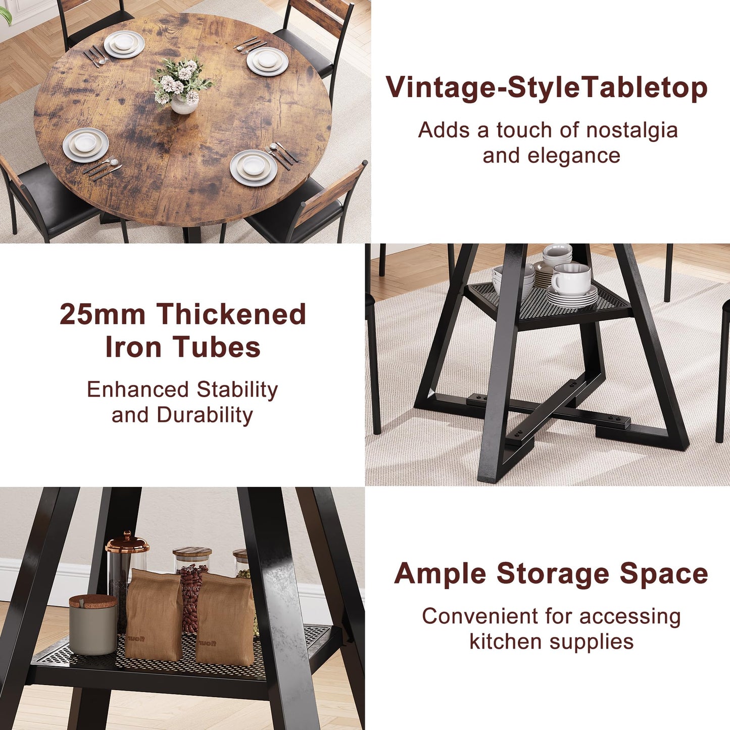 Jocoevol Round Dining Table for 4 People, Circle Dinner Table with Shelves, Space Saving Wood Kitchen & Dining Room Furniture (Vintage, 47 inch
