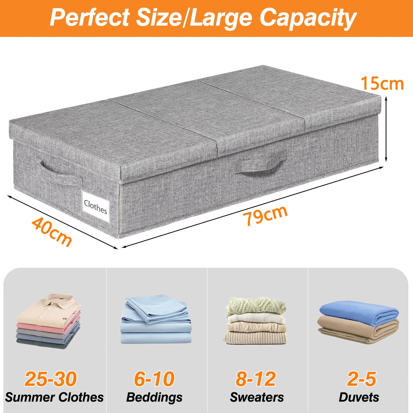 mepure 3 Pack 48L Underbed Storage, 79x40x15cm, Fabric Under Bed Storage Boxes with Lids, Large Foldable Clothes Storage Box W/Handle, Under Bed