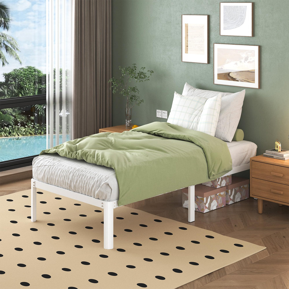 Lutown Teen 3ft Single Bed Frame with Rounded Corner Legs, Heavy Duty White Metal Bed Frame with Steel Slats Support, 36 cm High, Noise Free, Easy
