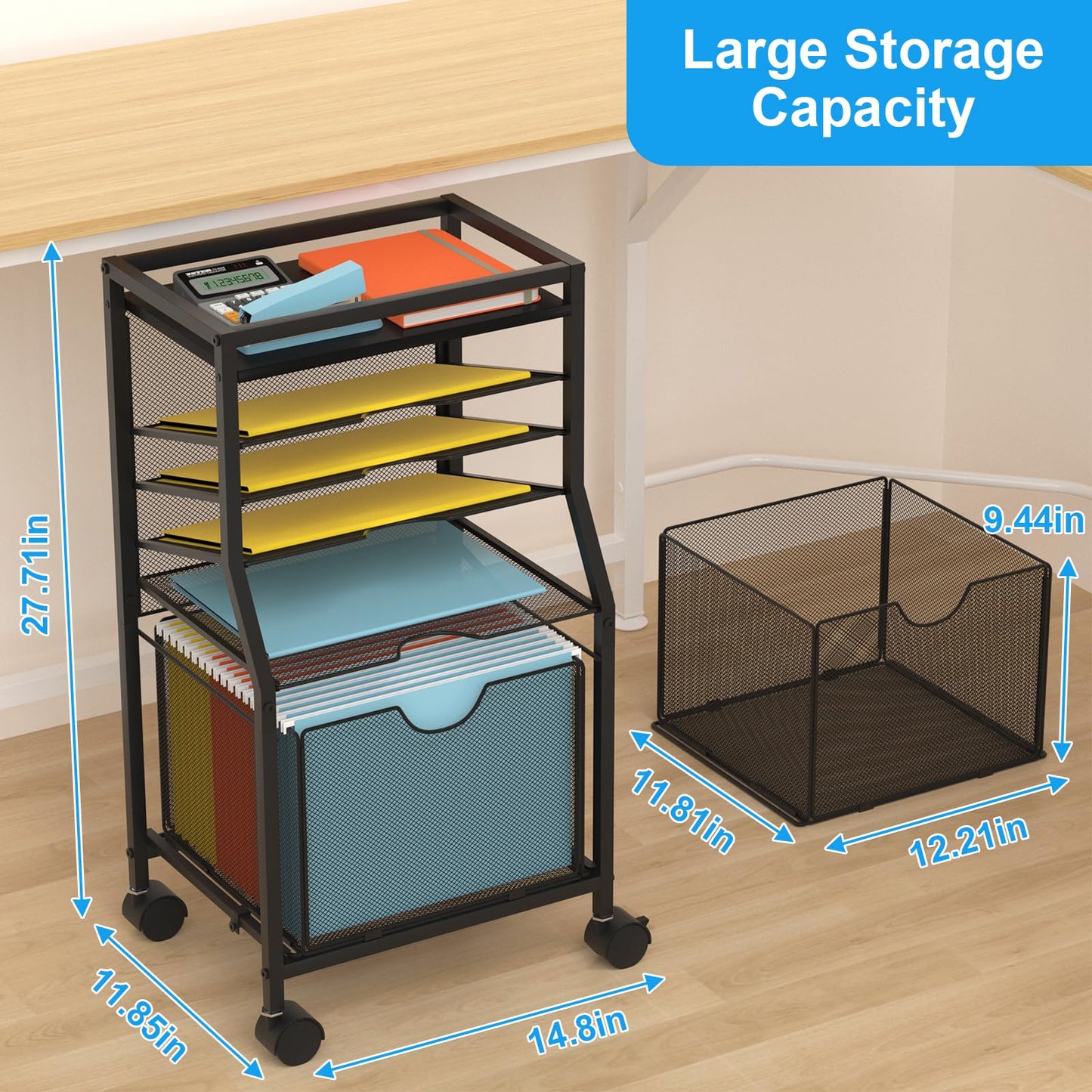 BOHDK Rolling File Cart, 6-Tier Under Desk Organiser on Lockable Wheels, Black Wood Planks & Mesh File Cart with Sliding Drawer and Paper Trays for