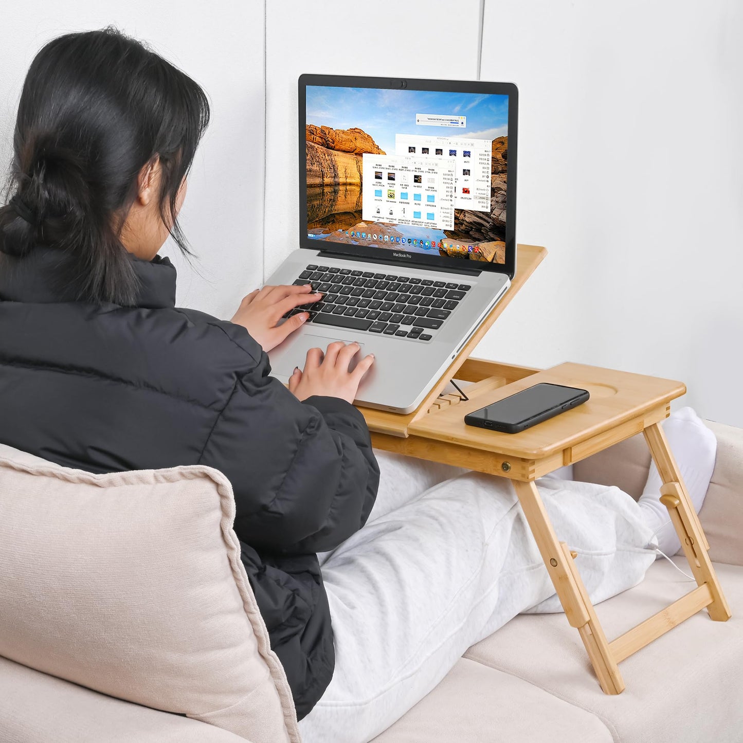 VASMIA Laptop Table,Laptop Desk for Bed with Adjustable Angle and Height,Bamboo Folding Desk for Working Reading and Breakfast,Natural