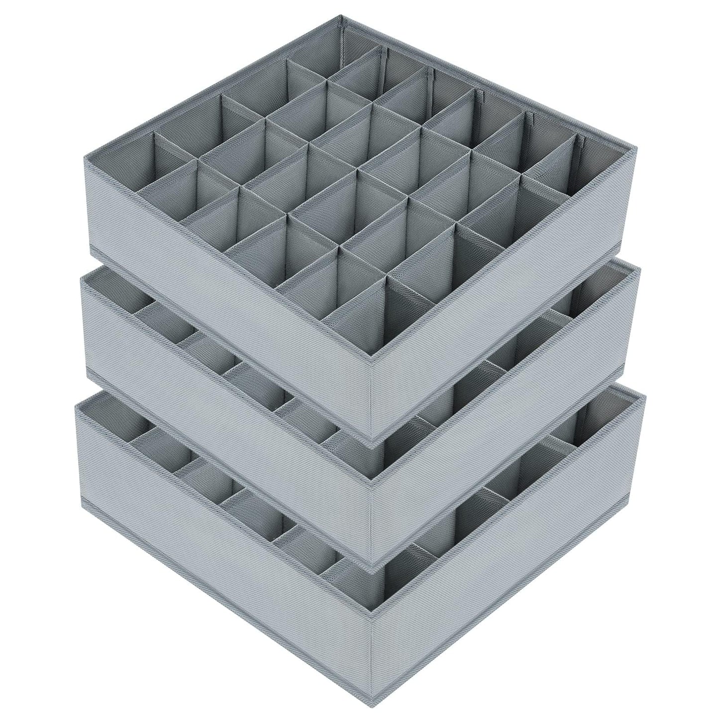 DIMJ 3 Pack Drawer Organisers 24 Cells Sock Organiser Foldable Underwear Drawer Organiser Fabric Drawer Divider Storage Boxes for Socks, Belts, Grey