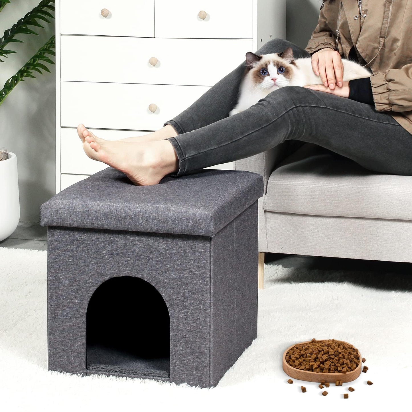 Bonlife Cat House Ottoman,Folding Cat Cave Beds for Indoor Cats,Winter Pet Kennel with Washable Pad,Footstool Seat with Lid,40x40x40cm,Grey
