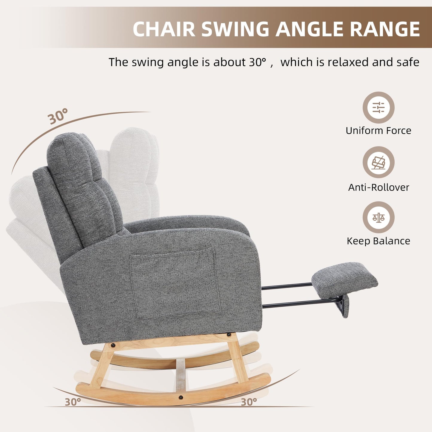 ModernLuxe Rocking Chair, Lounge Armchair,Adjustable Footrest, High Backrest,Side Pockets, Solid Wooden Legs Nursing Chair for Living Room & Bedroom