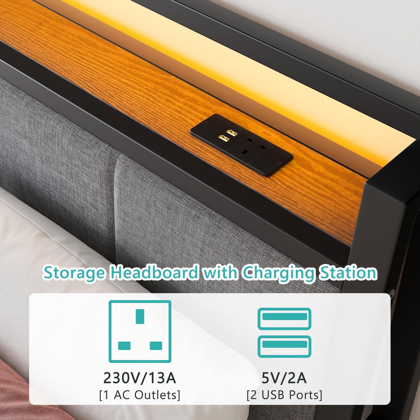 FOUBAM Double Bed Frame, 4FT6 Bed Frame Ergonomics Double with Charging Station and LED Lights