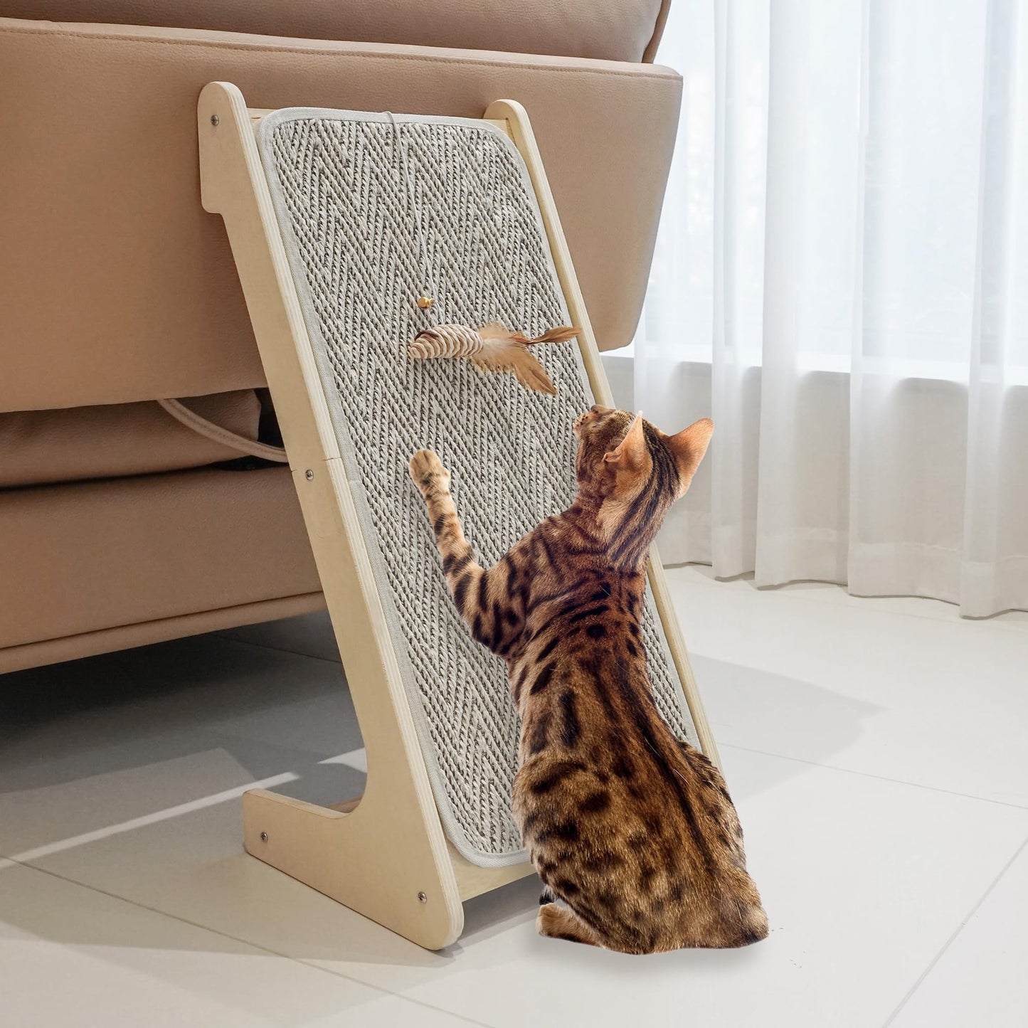 PETKARAY Cat Scratcher, Sisal Scratching Ramp, L Shape Cat Scratch Pad for Indoor Cats, 27" Wall Furniture Protector with Mouse Toy