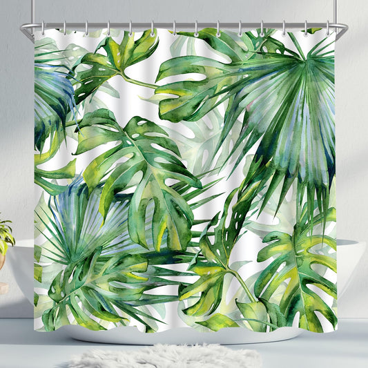 Lerores Shower Curtain, 120 x 200 cm, Green Leaves, Weighted Hem, Anti-Mould Textile, Waterproof, Washable Polyester Fabric Bath Curtains with Eyelets