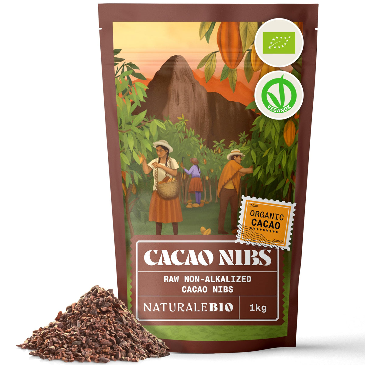 NaturaleBio Organic Raw Cacao Nibs 1 kg. Natural and Pure. Made in Tropical Regions from the Theobroma Cacao Plant. Source of Magnesium, Potassium and