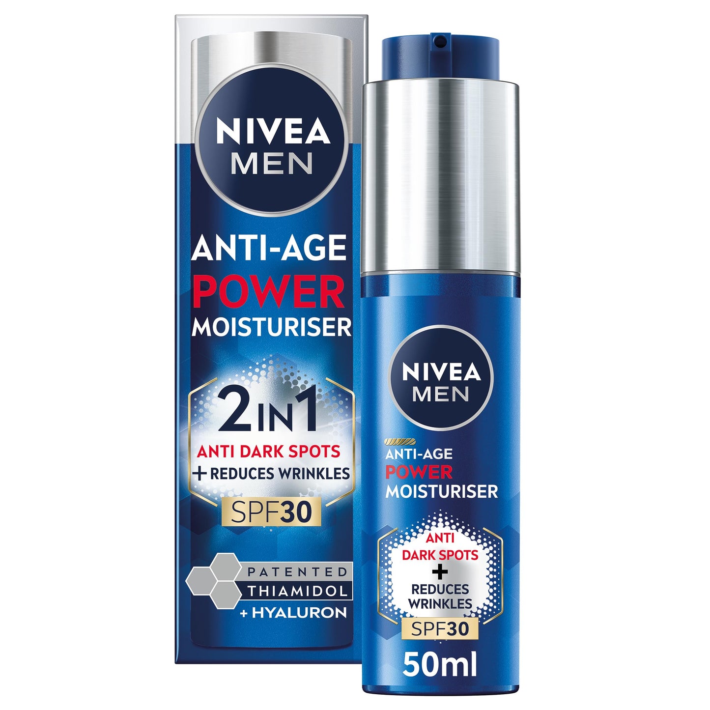 NIVEA MEN Anti-Age 2in1 Power Moisturiser (50ml), With SPF 30, Thiamidol, and Hyaluronic Acid for Sun Protection, Dark Spot Prevention, and