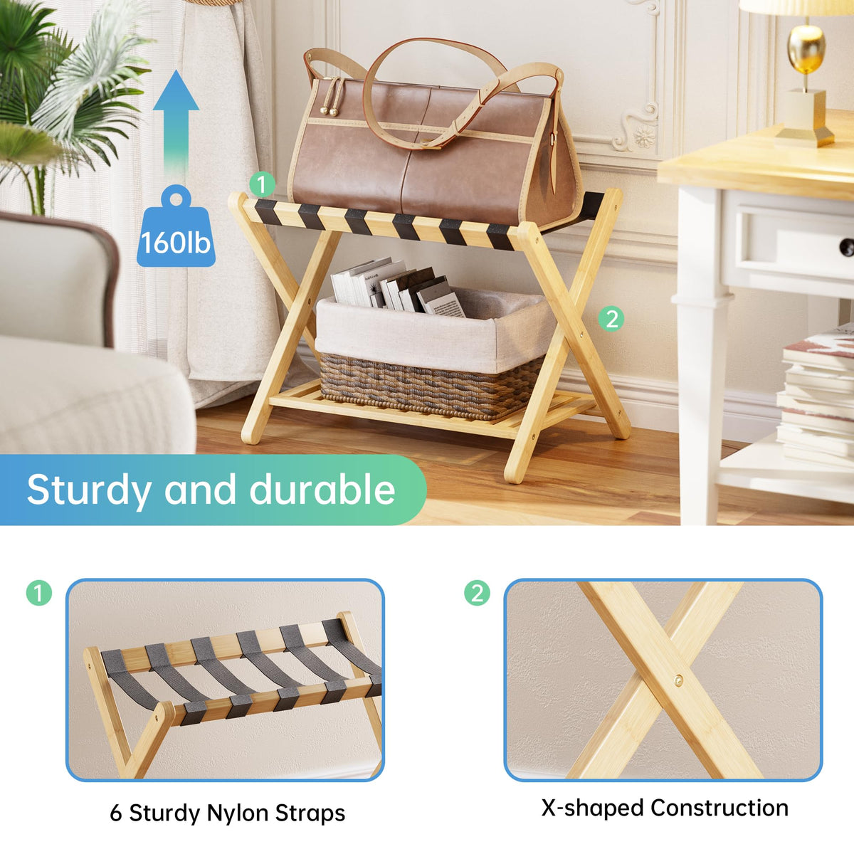 SMIBUY Luggage Rack, Foldable Bamboo Suitcase Stand with Storage Shelf for Guest Room, Bedroom, Hotel, Heavy-Duty (Nautral)