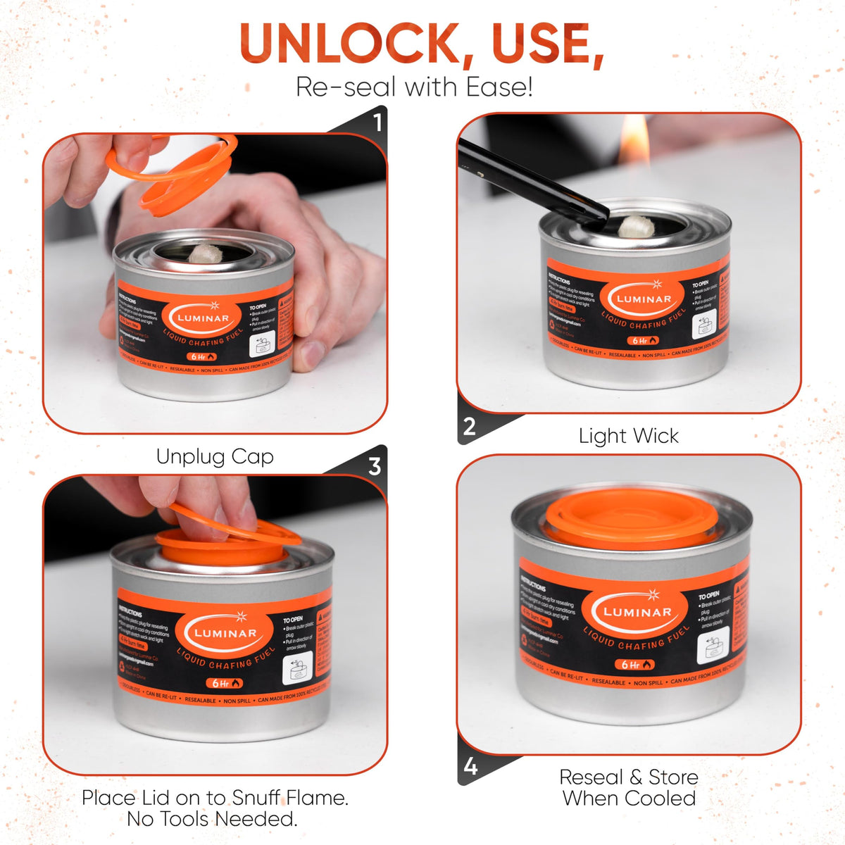 Luminar Resealable-Wick Chafing Fuel Cans, 24 Pack, 6 Hour - Premium Quality Burners for Food Warmers - No More Spills, Waste, or Hassle - Perfect for