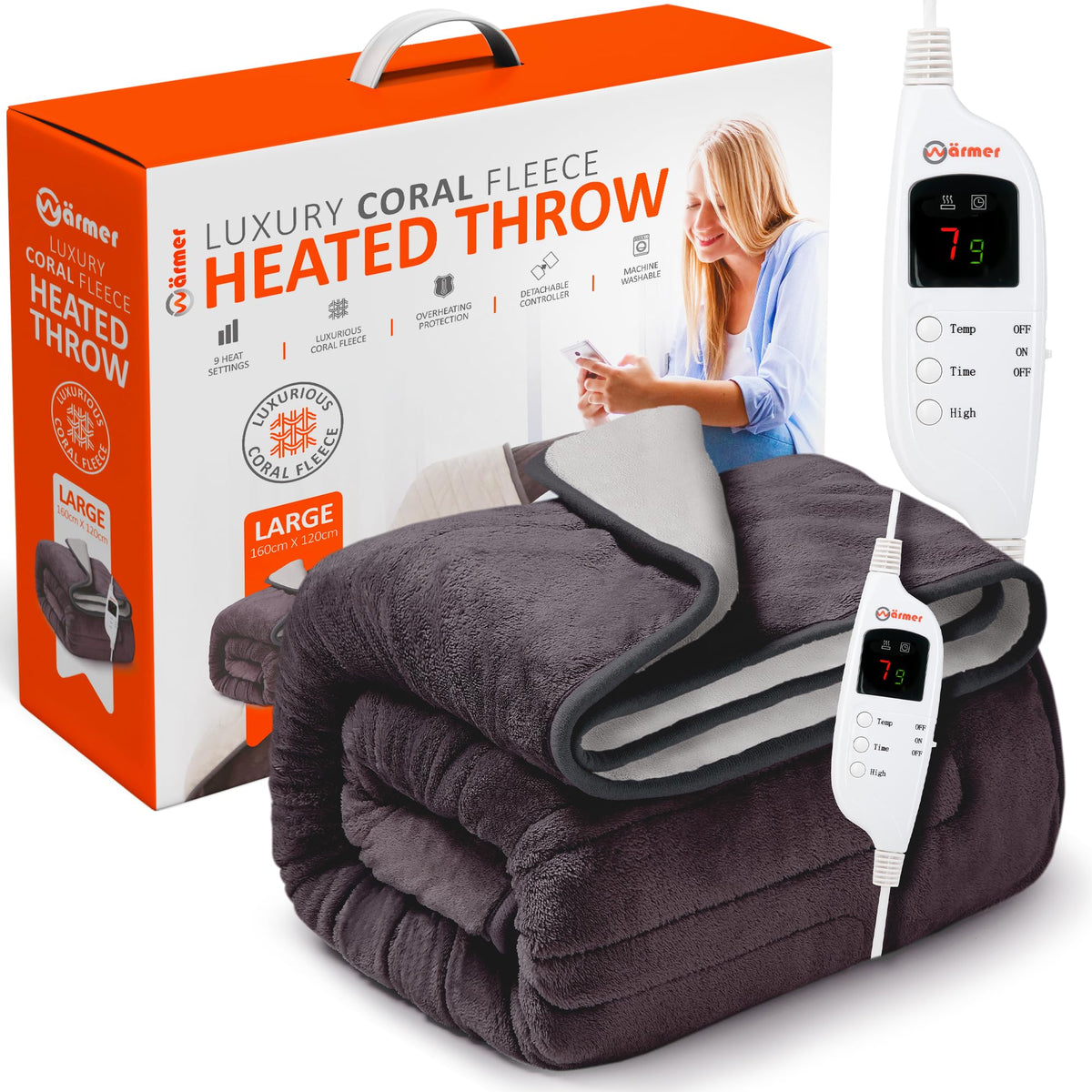 Warmer Electric Heated Throw Blanket - Digital Controller - 9 Hour Timer, 9 Heat Settings, Auto Shutoff, Detachable Controller - Machine Washable -
