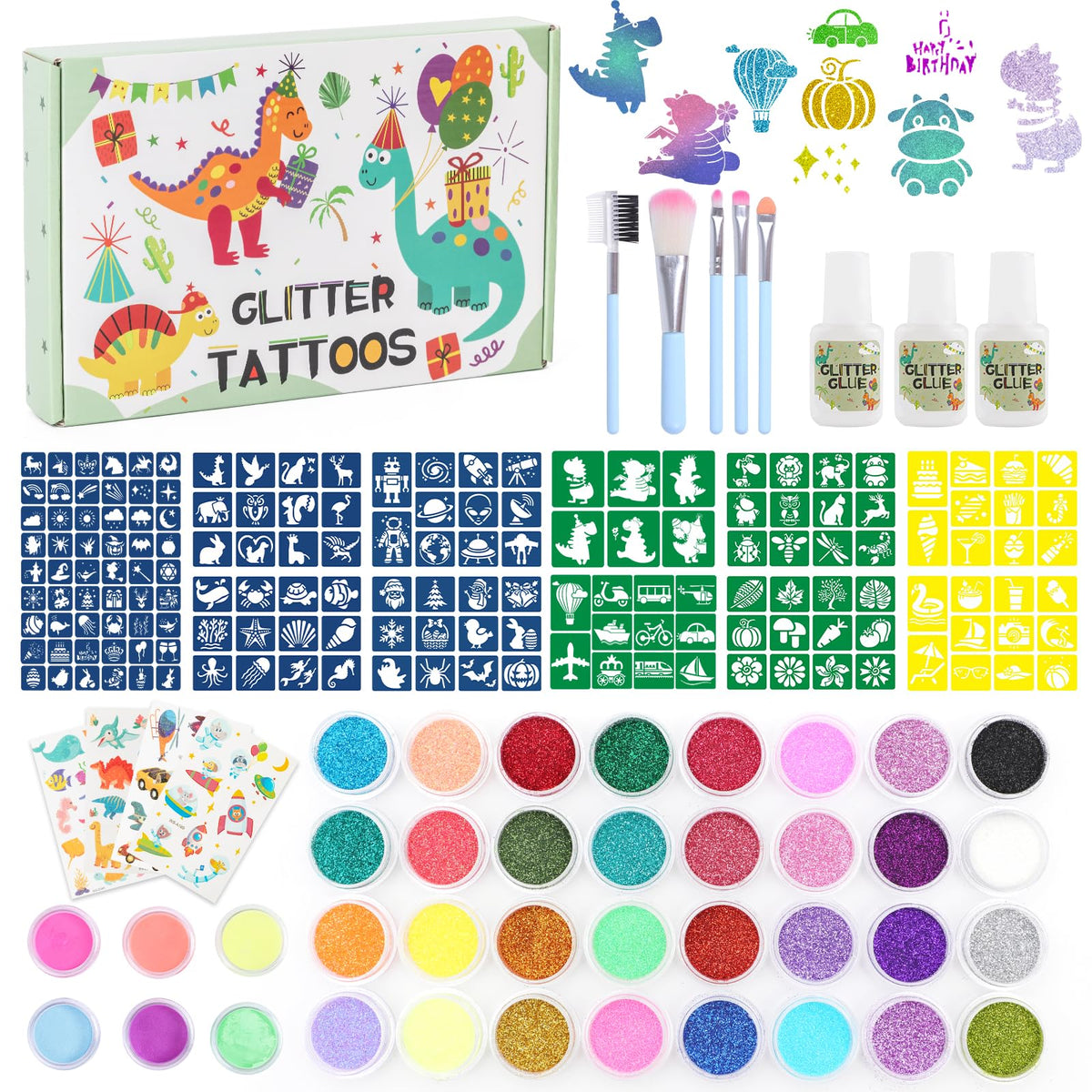 Highttoy Glitter Tattoos for Kids, Dinosaur Temporary Glitter Tattoo Kit for Boys, 32 Colors Glitter, 6 Light Up Powder, 164 Stencils, 5 Brushes, 4