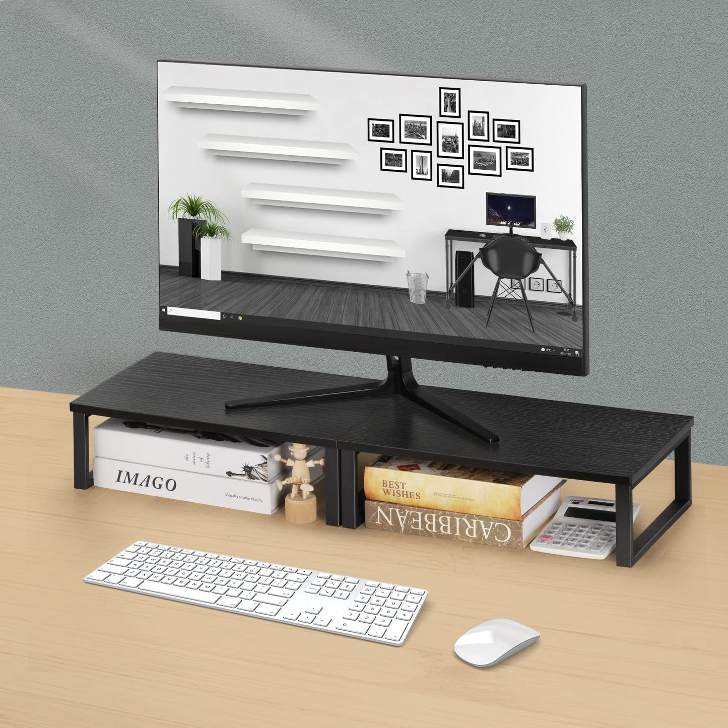 UOMIO Retro Wooden Monitors Stands for Desk Set of 2 Computer Screen Stands Ergonomic Laptop Heightening Stand for Desk Space Saver 40 x 25 x 12.5 cm