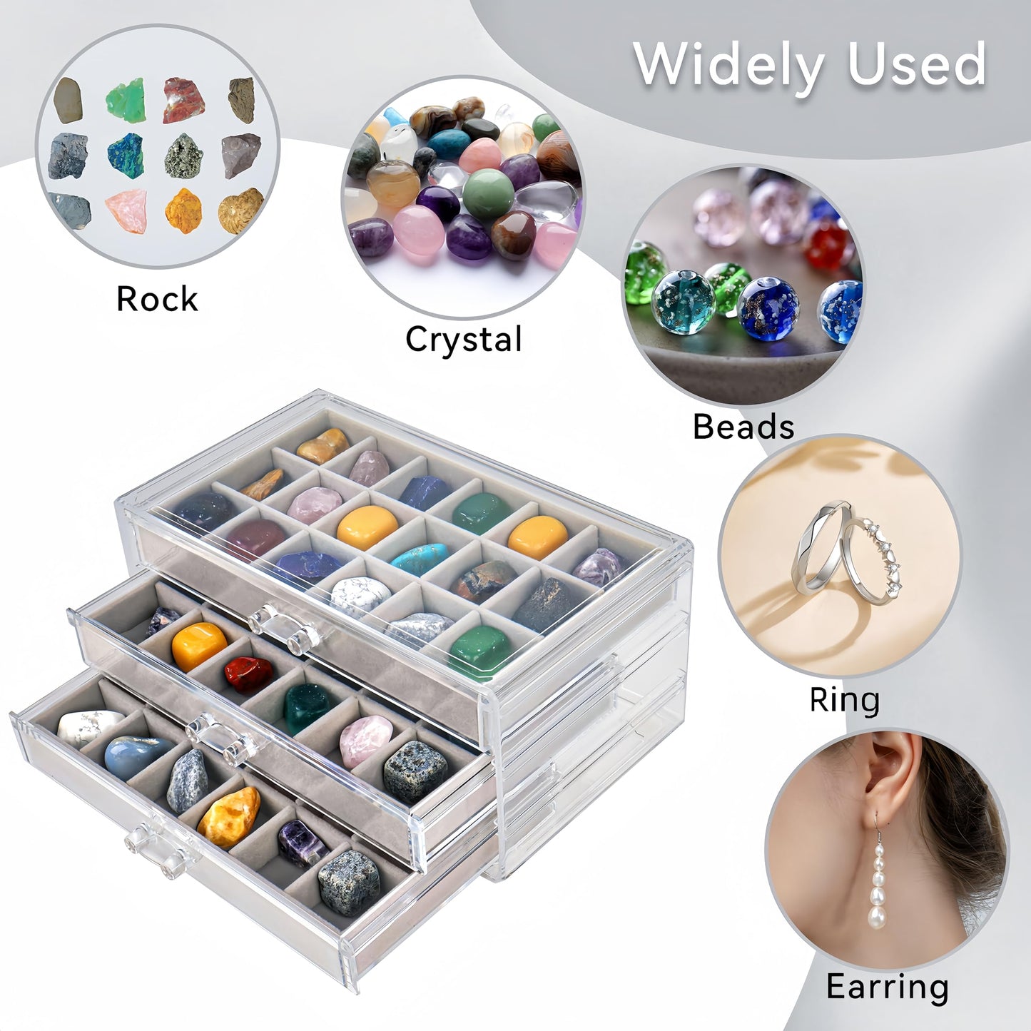 Dmnnlp Rock Display Case, 3 Drawers 54 Grids Rock Collection Box, Storage Cases for Gemstone Fossil Crystal Stone Jewellery (Grey)