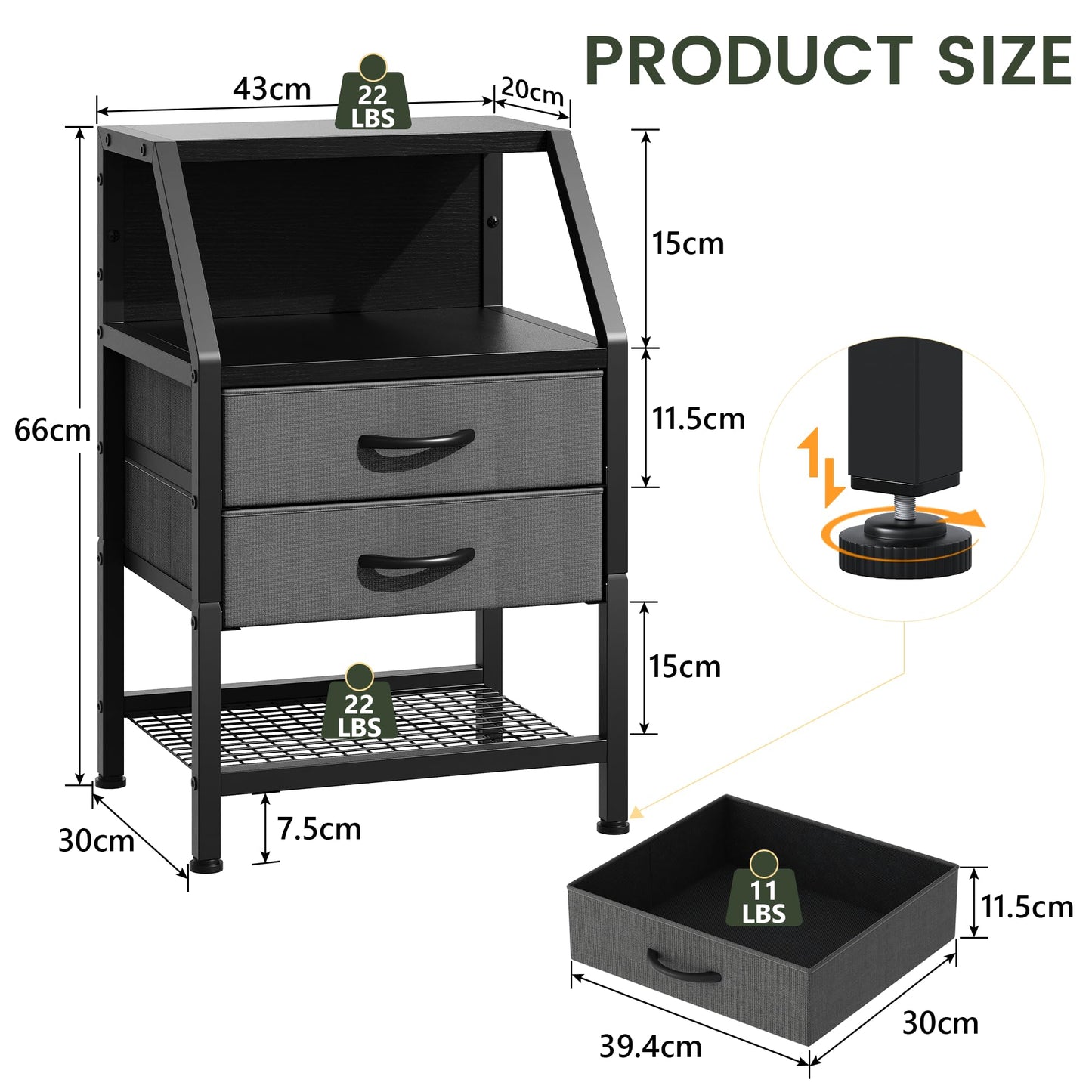 Feonase Bedside Table with 2 Fabric Drawers, Bedside Cabinet With 3-Tier Storage, Sturdy Metal Frame, Living Room Modern, Deep Grey