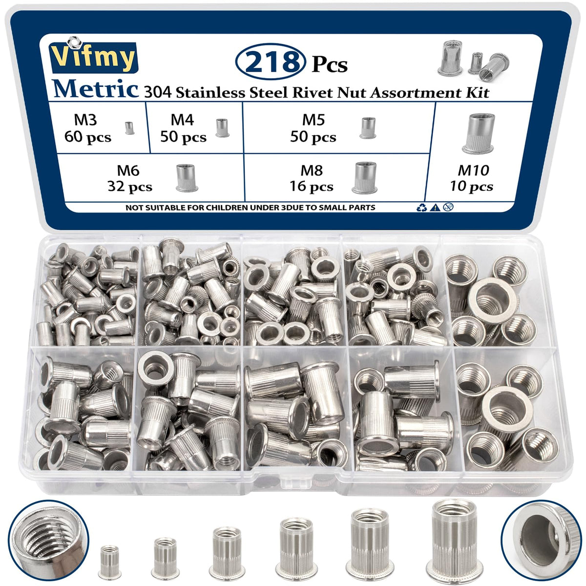 Vifmy Metric 304 Stainless Steel Rivet Nut Assortment Kit(218 Pcs),M3 M4 M5 M6 M8 M10 Flat Head Rivnut Set,Rivnut Threaded Insert Nut