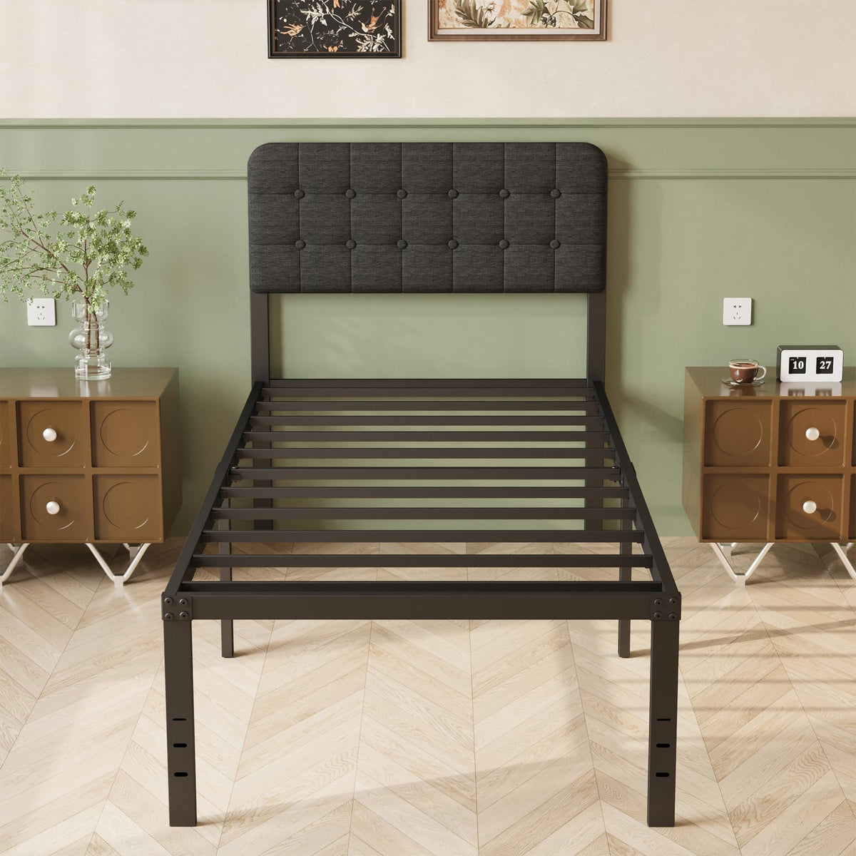 Lutown-Teen 2ft 6 Small Single Bed Frame with Black Upholstered Headboard