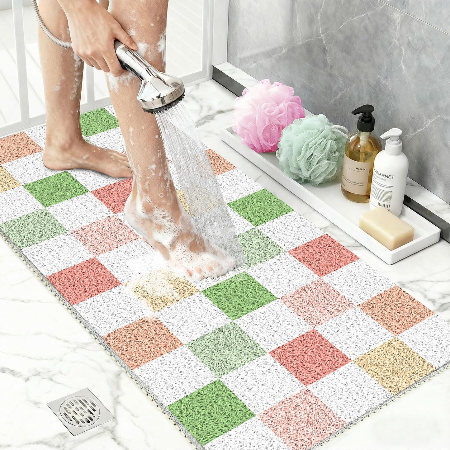 BLESWIN Large Shower Mat Non Slip 50x80CM, Checkered Shower Quick Dry Mats with Drain Hole, Antibacterial PVC Bath Mat for Inside Shower