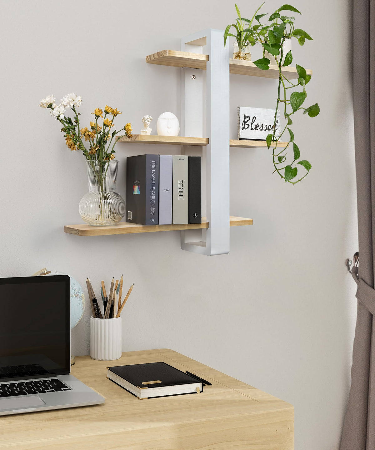 SUMGAR Floating Shelves White for Wall Mounted Shelving Unit All Pine Wood 50CM 3 Tier Large Shelf for Bedroom Living Room Office Bathroom Home