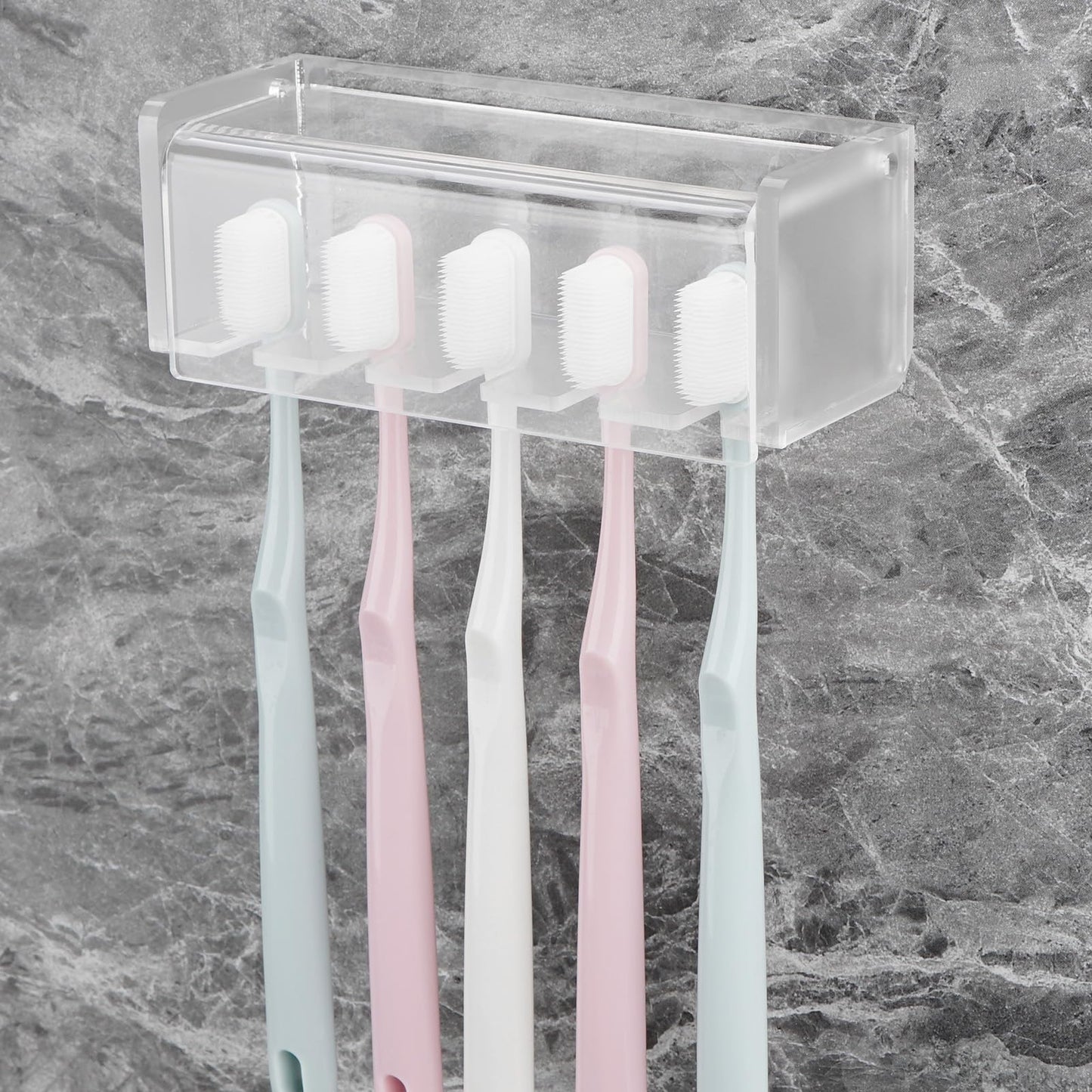 5 Slots Wall Mount Toothbrush Holder with Cover, Self Adhesive Toothbrush Storage Organizer for Shower, Toothbrush Hanger for Bathroom