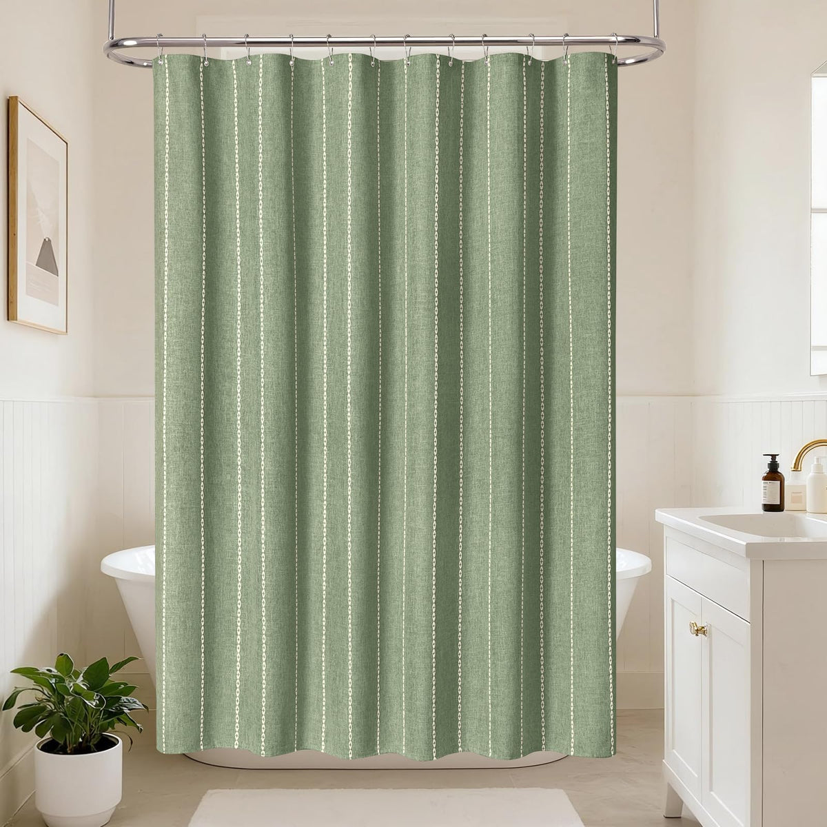 VANZAVANZU Boho Stripe Shower Curtain, Checkered Polyester-Linen Fabric Waterproof coating Shower Curtains for Bathroom, Farmhouse Rustic Shabby Chic