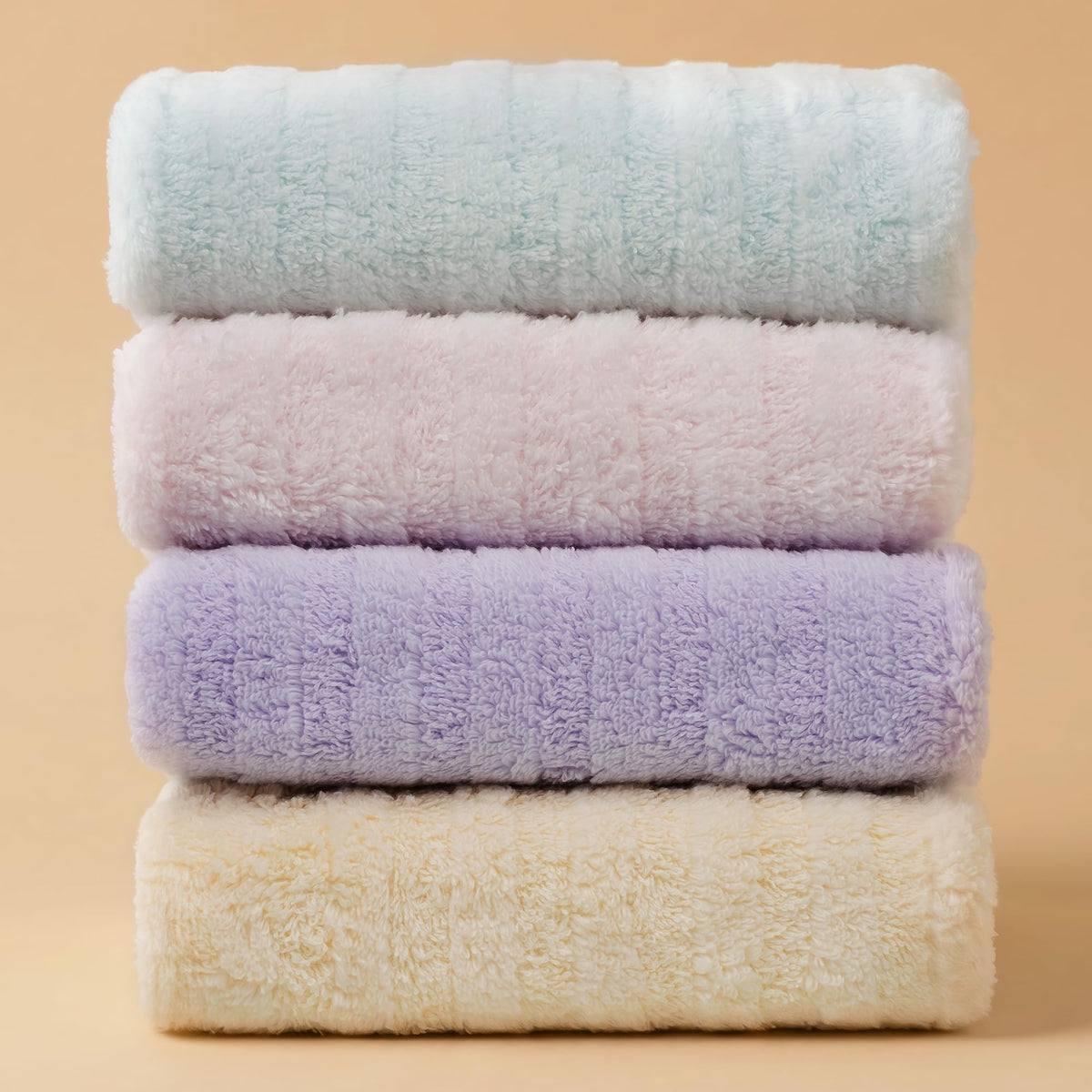 Vie TRIOMPHE 4-Pack Ultra-Soft Fluffy Face Towels 34x80cm, Zero-Twist Long-Staple Cotton, Blue Pink Purple Yellow, Cloud-Like Plush Texture