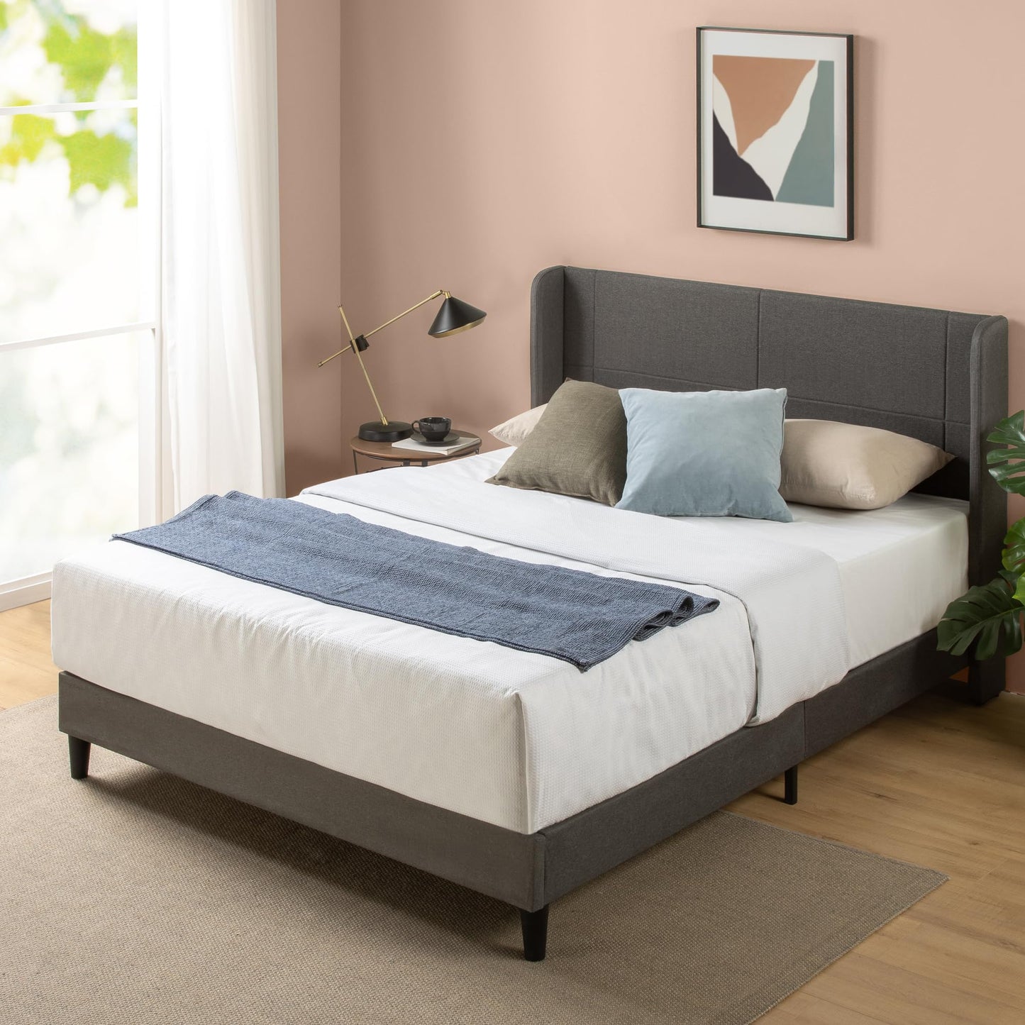 Zinus Sasha King Bed Frame - Bed 150x200 cm - 25 cm Bamboo Slat Support - Dark Grey Upholstered Wingback Bed Frame