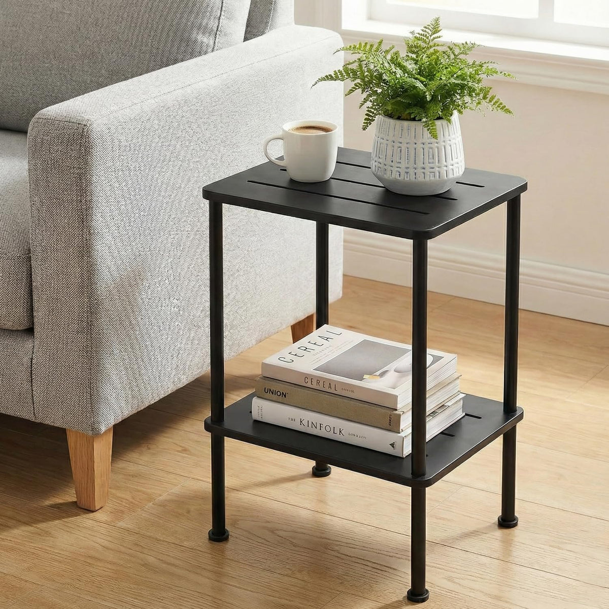 ZEXVIDA 2-Tier Bamboo Side Table, Slim End Table & Nightstand for Bedroom, Living Room, Sofa Side Table Coffee Table for Narrow Small Spaces (Black)