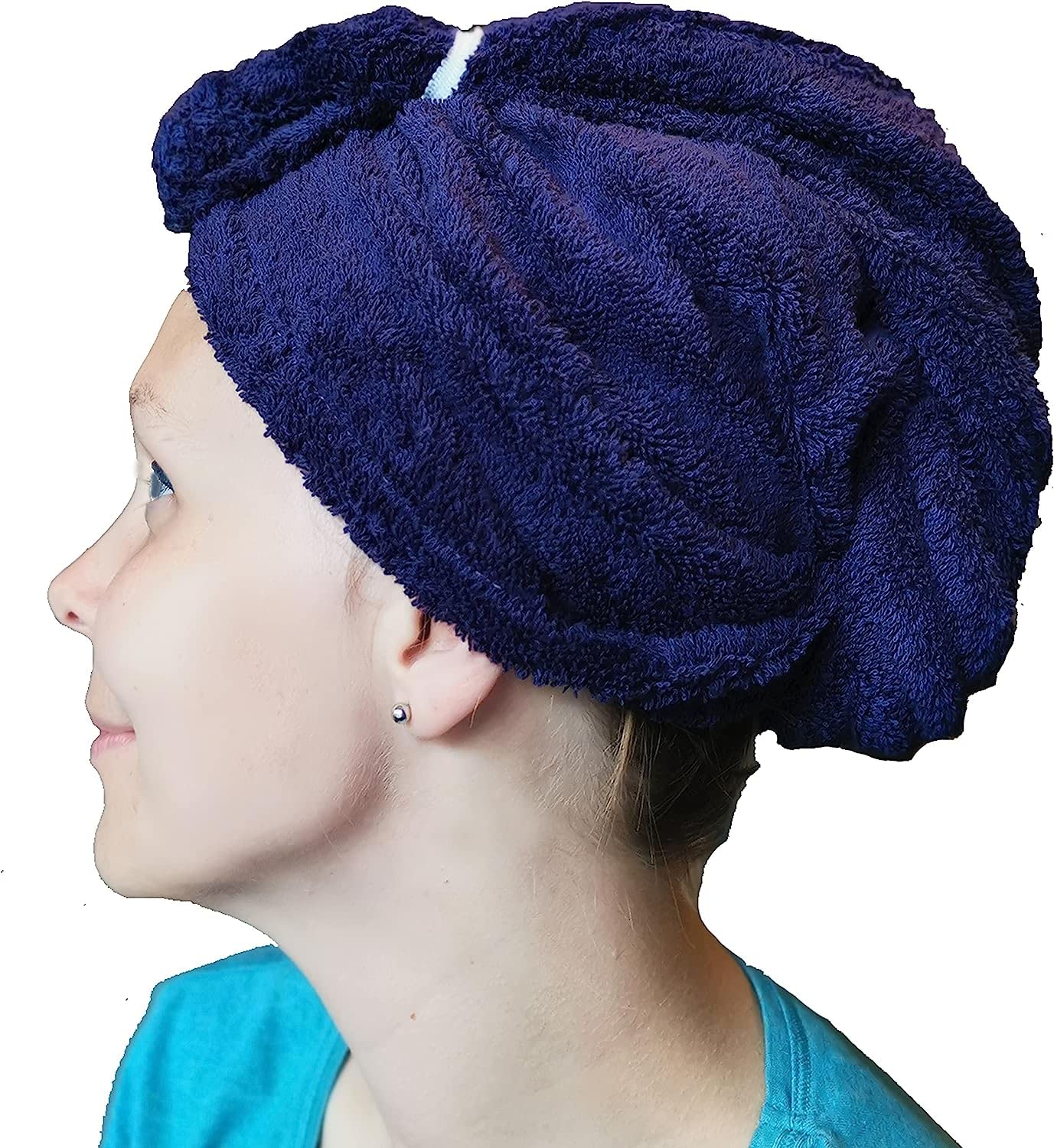 LLAMAXY 100% Pure Organic Cotton Hair Towel - Quick Dry Turban Wrap for Adults and Children - 3 Pack Blue