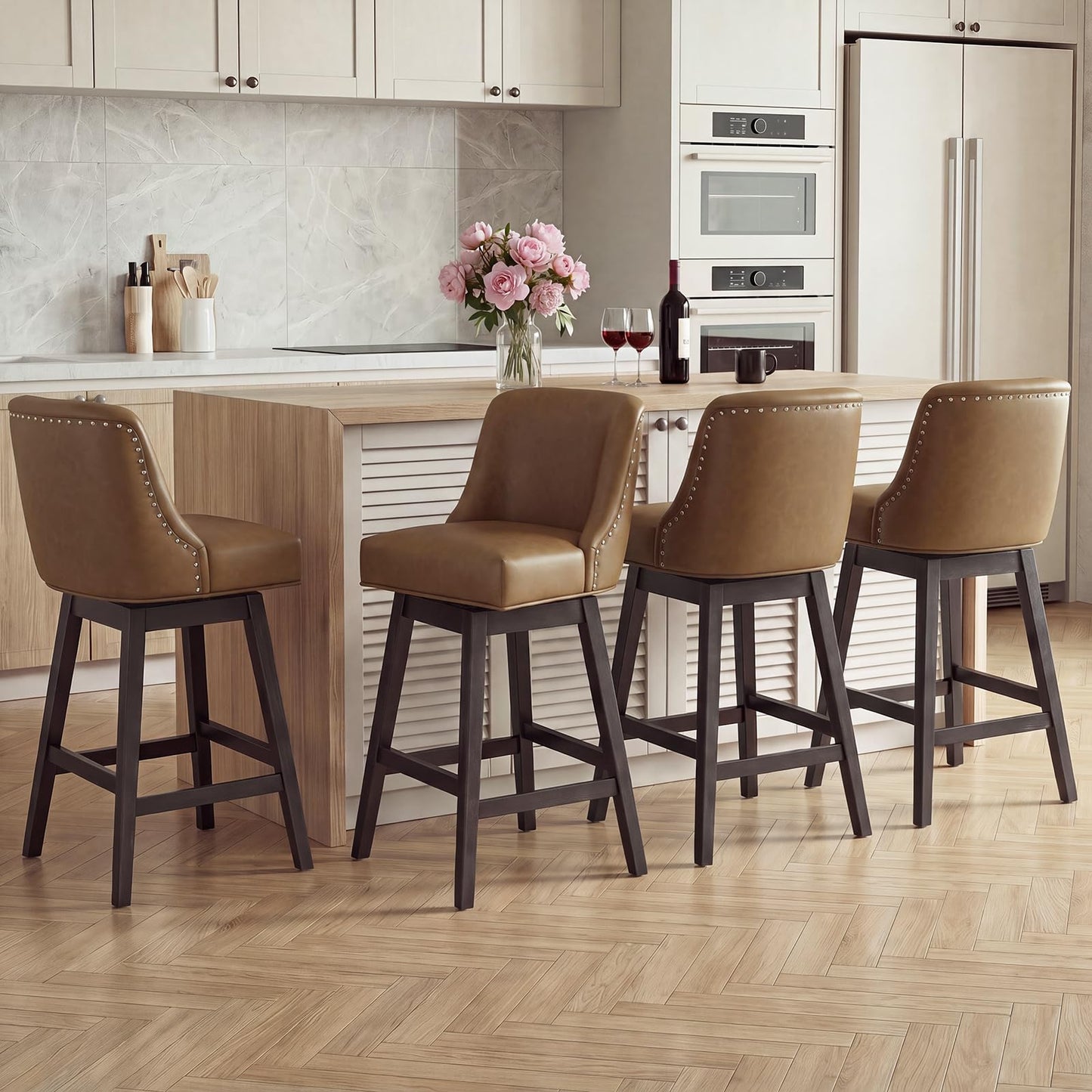 Bar Stools Set of 4, 360° Swivel Upholstered Counter Stools with Back, Wooden Frame Kitchen Bar Chairs with Nailhead Trim