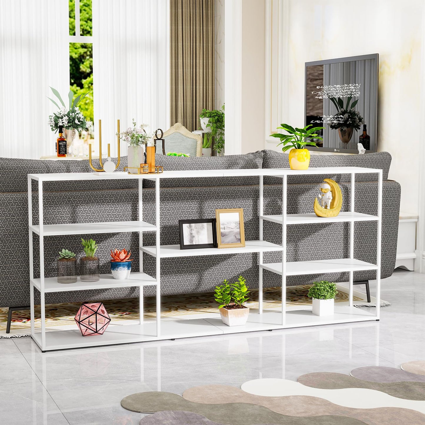 HDANI 180cm Extra Long Sofa Console Table,Narrow Modern Entryway Table Behind Couch with Storage Shelves,4 tier Shelf Bookshelf for Living