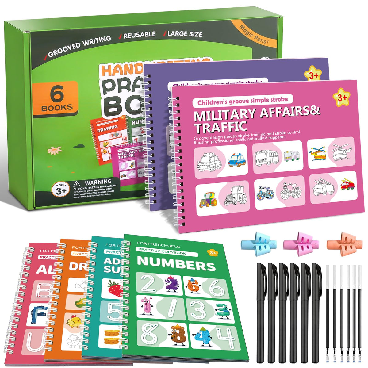 Magic Grooved Handwriting Practice Books for Kids, Reusable Copybook Gift Box Set with Magic Pen, Learn to Write Alphabet & Number Tracing for Ages