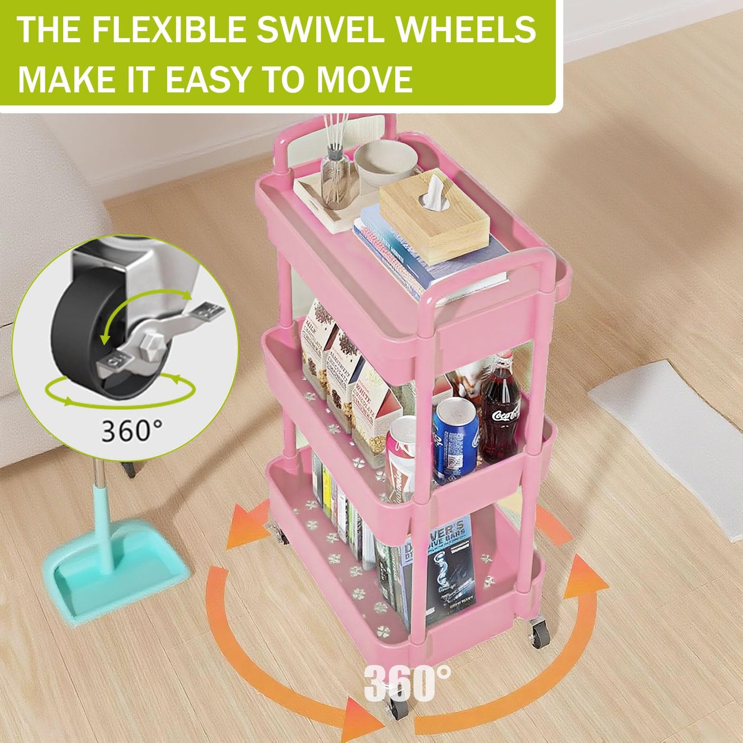 Houbobo Storage Trolley on Wheels, 3-Tier Rolling Cart, Plastic Utility Cart - Easy Assembly