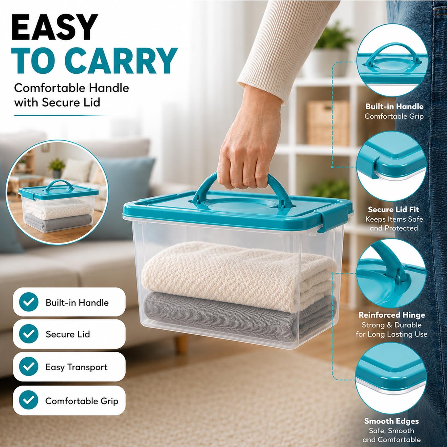 4L Storage Box with Secure Lid & Carry Handle | Stackable Clear Container