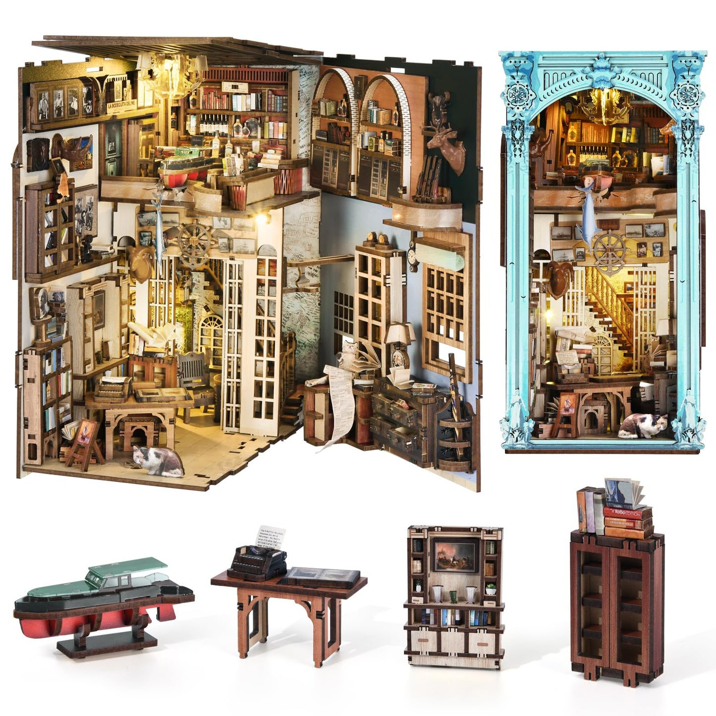 Minicity Book Nook Kit, DIY Dollhouse Booknook, Book Nook Miniature Kit for Bookshelf Insert Decor Crafts for Adults Teen Halloween, 3D Wooden Puzzle