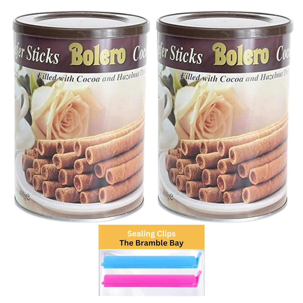 Wafer Rolls Bundle contains Bolero Cocoa 400g x 2, Sealing Clips x2