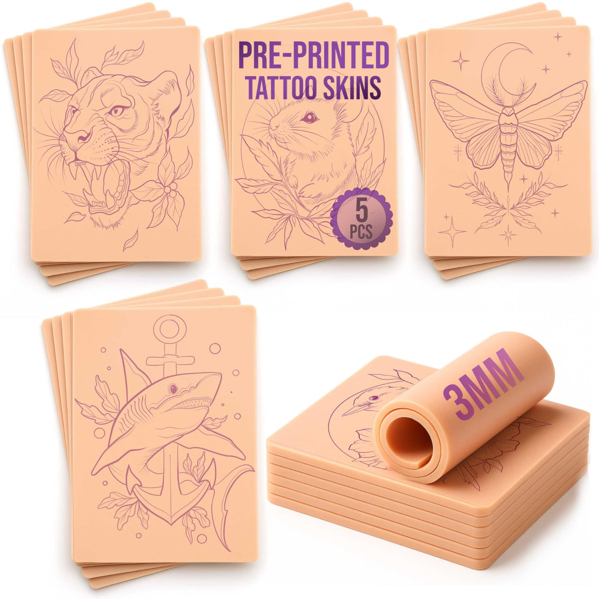 5 Pre-Printed Tattoo Practice Skins | Free Tutorial | 3mm Fake Skins for Tattooing (Neo-Traditional Set of 5, Normal Skin)
