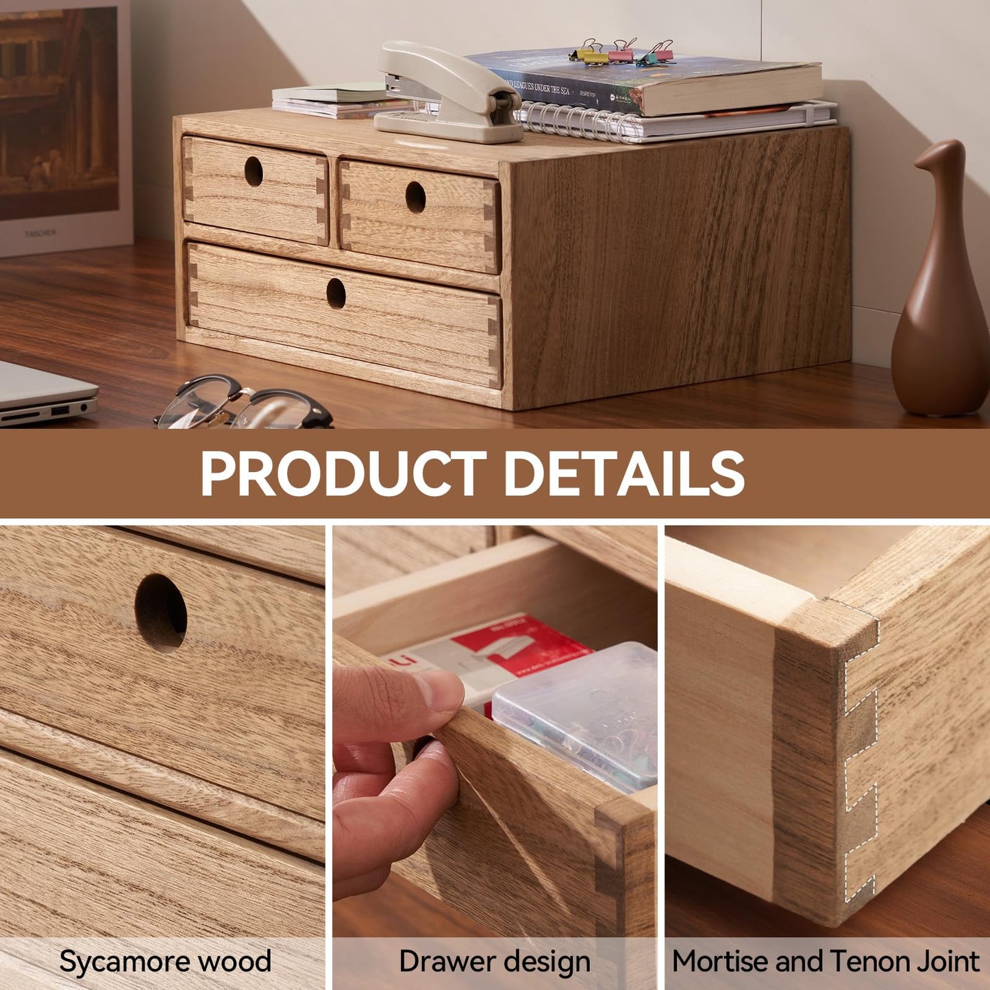 KIRIGEN Wooden Desktop Organizer Office Supplies Filing Tidy Storage Shelf Storage Cabinet Jewelry Organizer with 3 Drawers Dark Brown
