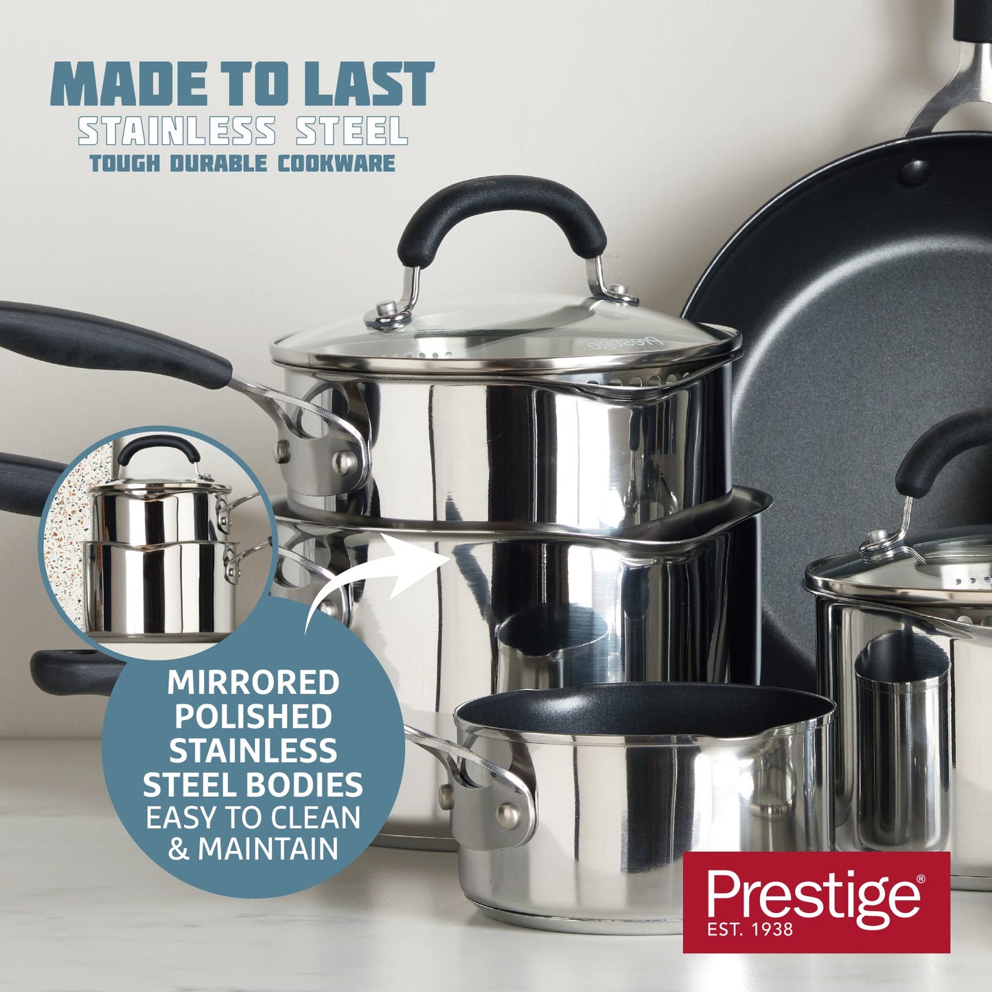 Prestige Made To Last Stainless Steel Saucepan with Lid 20cm - Large saucepan with Straining Lid, Measurement Guide & Easy Grip Silicone Handles,