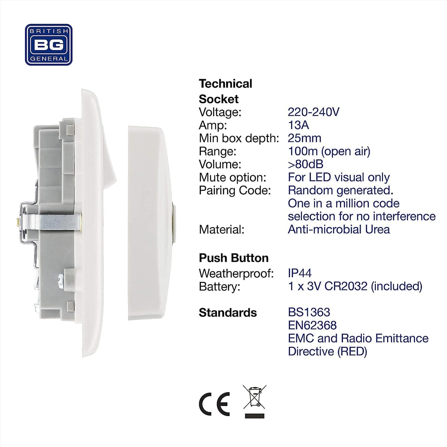 British General Nexus Double Switched 13A Power Socket with Door Chime - White