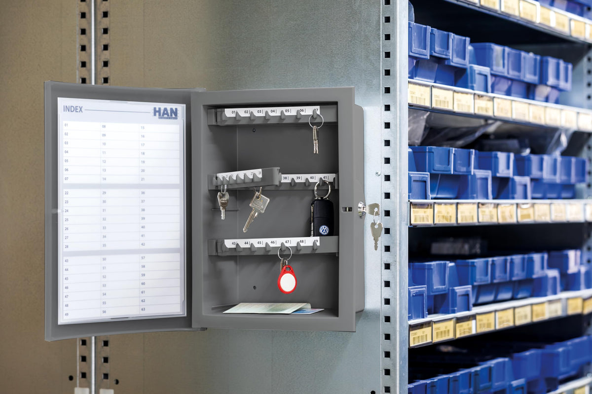 HAN 4023-11, Key cabinet INDEX. Individual design, functional, safe and lockable, large capacity for 63 keys, light-grey